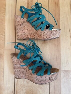ALDO Teal Lace-Up Cork Platform Wedges Size 6